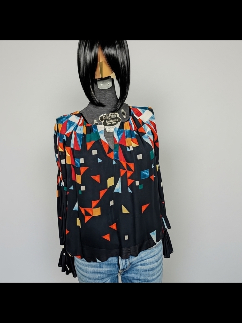Joie Burella 2018 Abstract Triangle Print Silk Long Sleeve Peasant Top Women XS